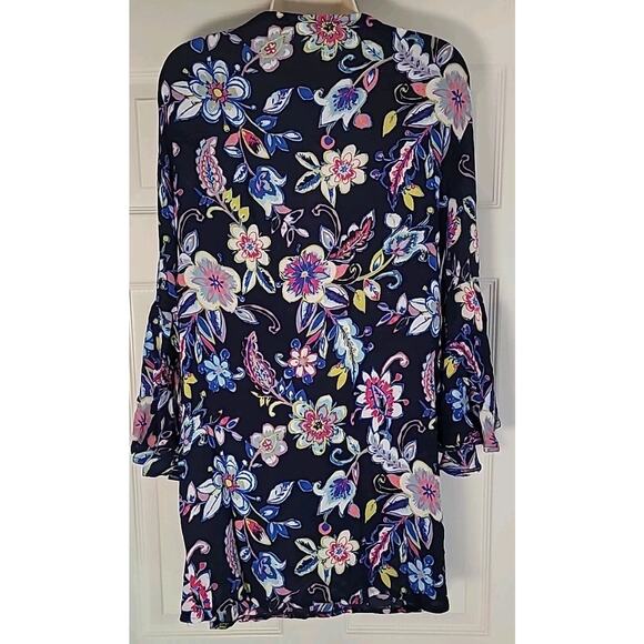 Anne Cole Tie Neck Bell Sleeve Shift Dress Navy Floral XS Tunic EUC - Picture 5 of 8